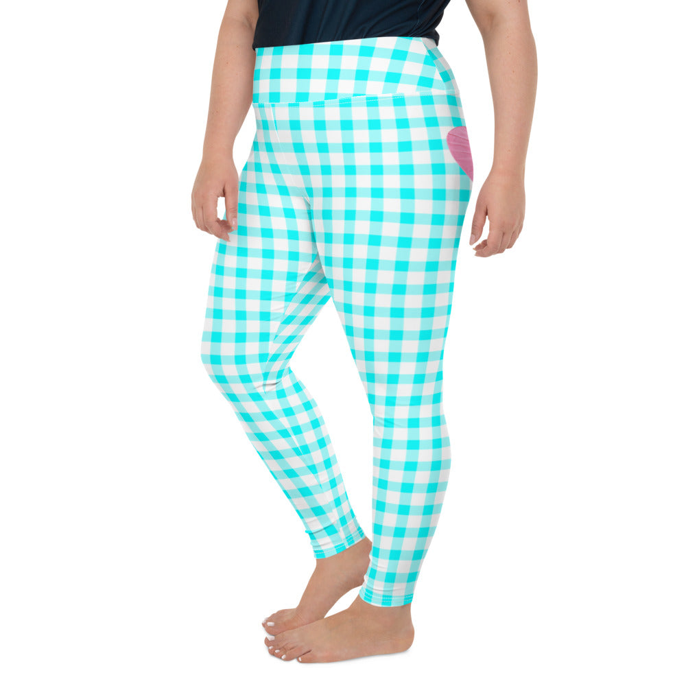 Gingham Bardot Curve High Waisted  Leggings in Aqua and White with Pink Hearts