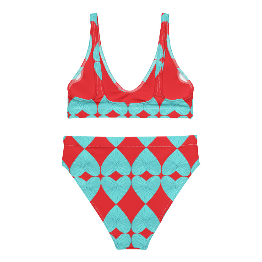 Harlequin Hearts Aqua and Red High Waisted Eco Bikini