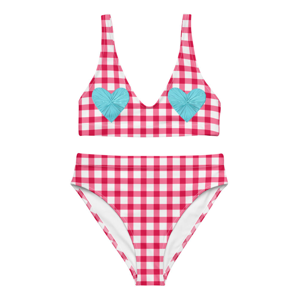 Gingham Pique-Nique Red High Waisted Eco Bikini with Aqua Hearts