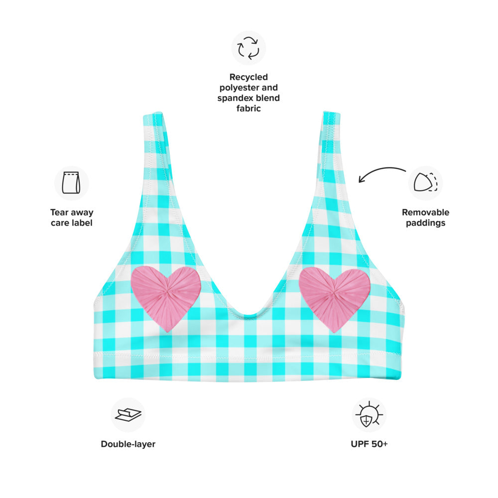 Gingham Bardot Aqua Eco Bikini Top with Pink Hearts