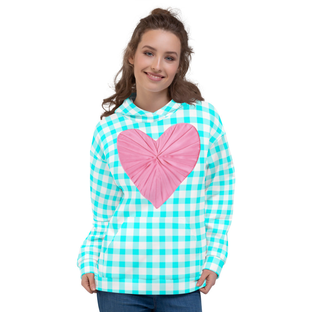 Gingham Bardot Aqua Soft Hooded Top with Pink Heart