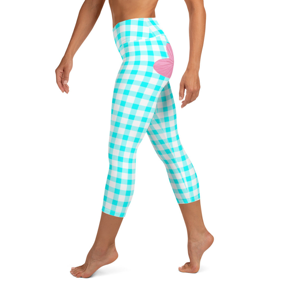 Gingham Bardot Aqua High-Waisted Yoga Capri Leggings With Pink Hearts