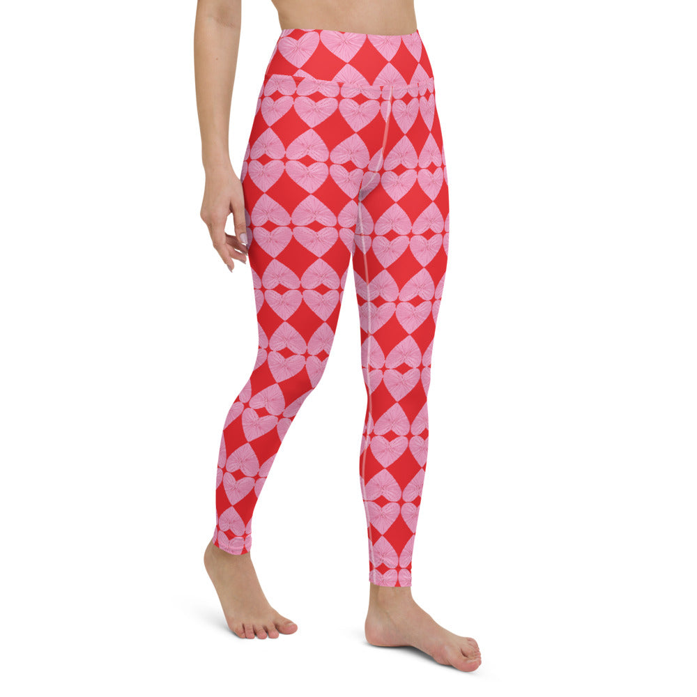 Harlequin Hearts Pink and Red High-Waisted Yoga Leggings
