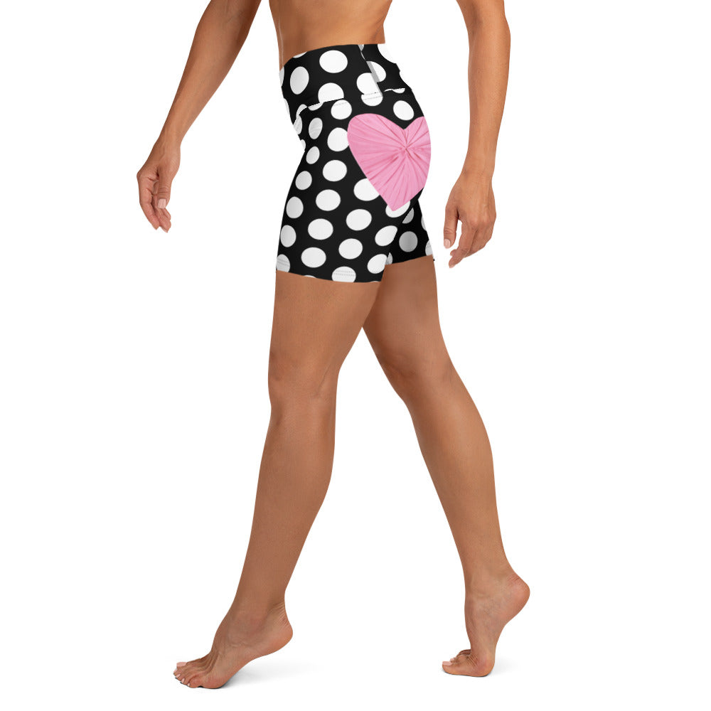 Les Polka Dots High Waisted Yoga Black Shorts with Pink Hearts