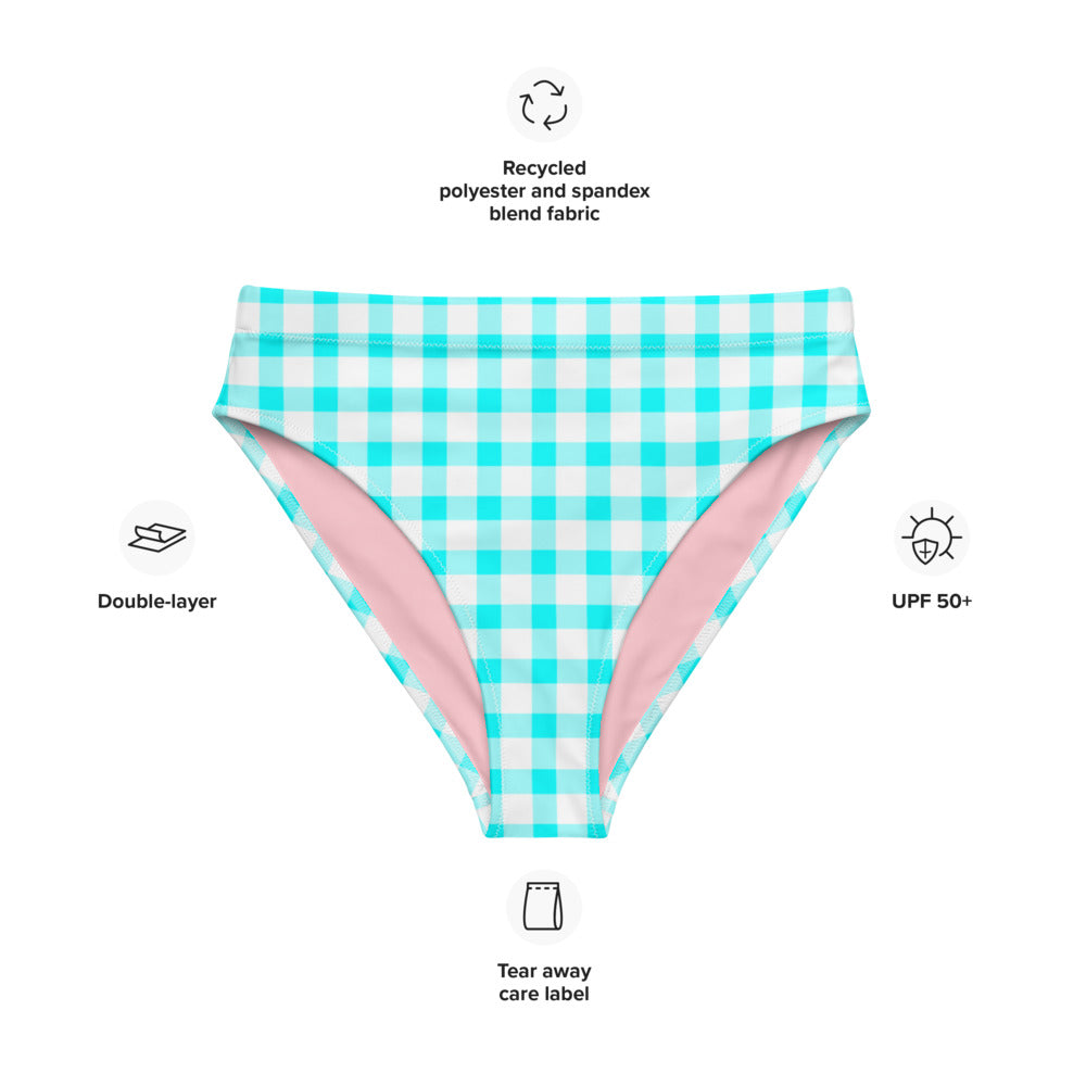 Gingham Bardot Aqua Eco High Waisted Bikini Bottom with Pink Heart
