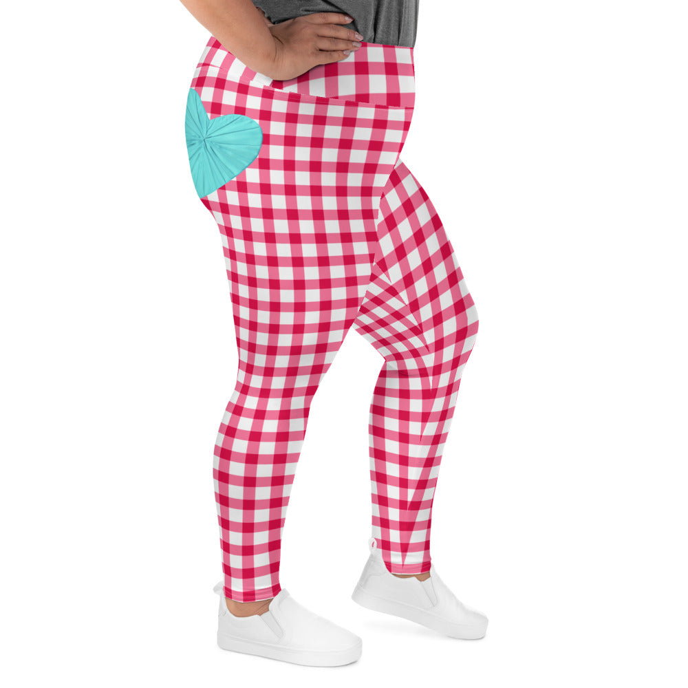 Gingham Pique-Nique Curve High Waisted  Leggings in Red and White with Aqua Hearts