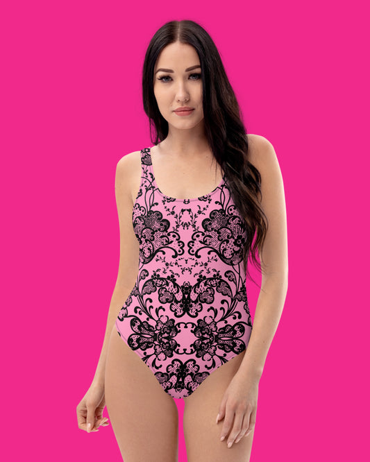 Antique Tulip Lace Print One-Piece Swimsuit in Candy Pink