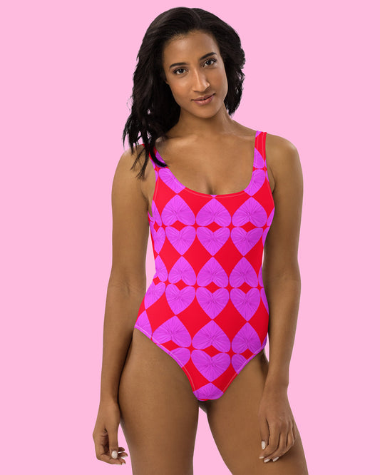 Harlequin Hearts Lilac and Red One-Piece Swimsuit