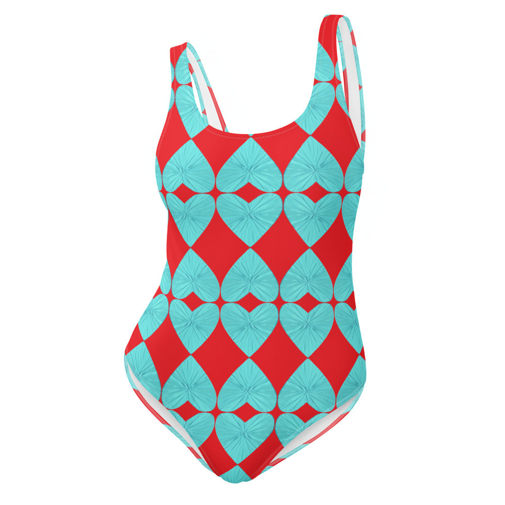 Harlequin Hearts Aqua and Red One Piece Swimsuit