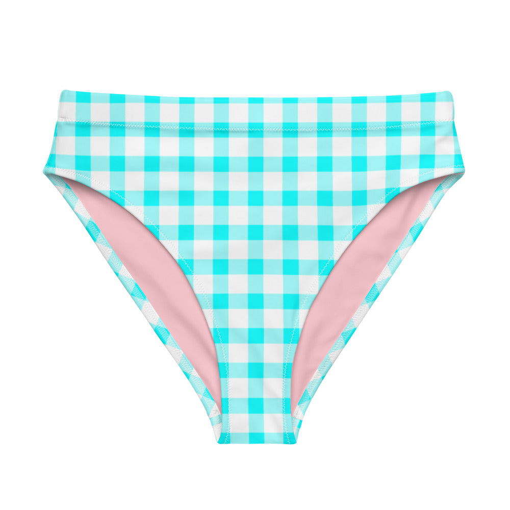 Gingham Bardot Aqua Eco High Waisted Bikini Bottom with Pink Heart