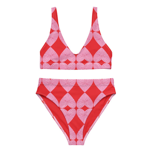 Harlequin Hearts Pink and Red High Waisted Eco Bikini