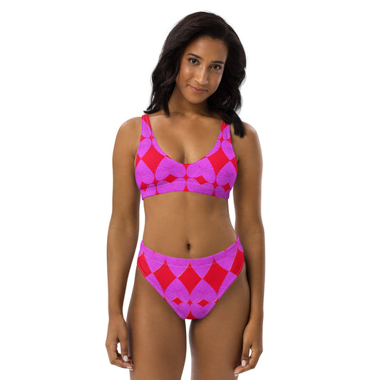 Harlequin Hearts Lilac and Red Eco High Waisted Bikini