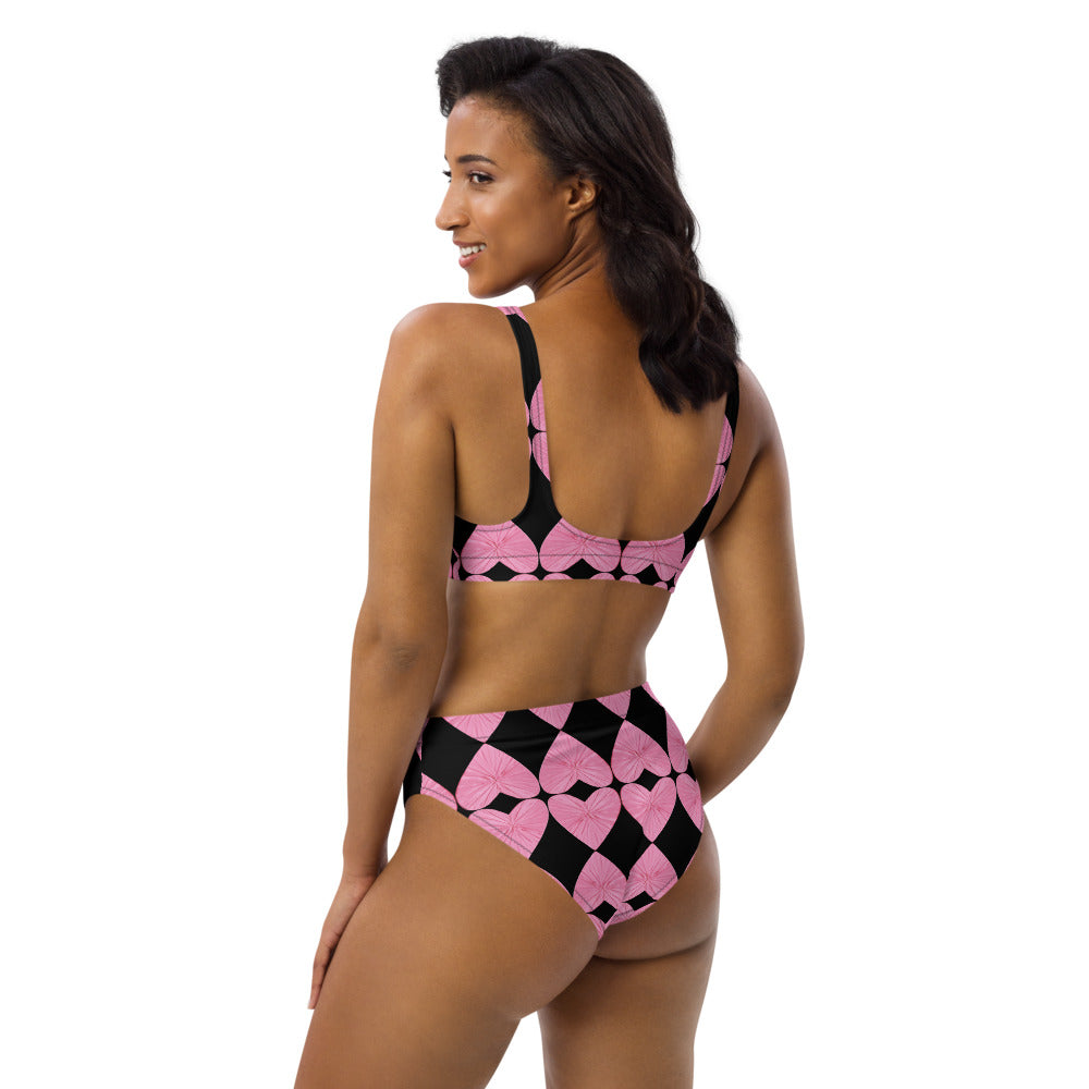 Harlequin Hearts Pink and Black High Waisted Eco Bikini