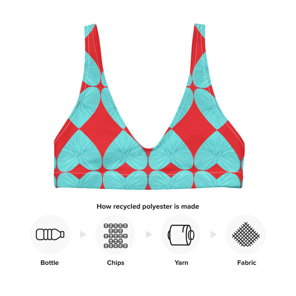 Harlequin Hearts Aqua and Red  Eco Bikini Top