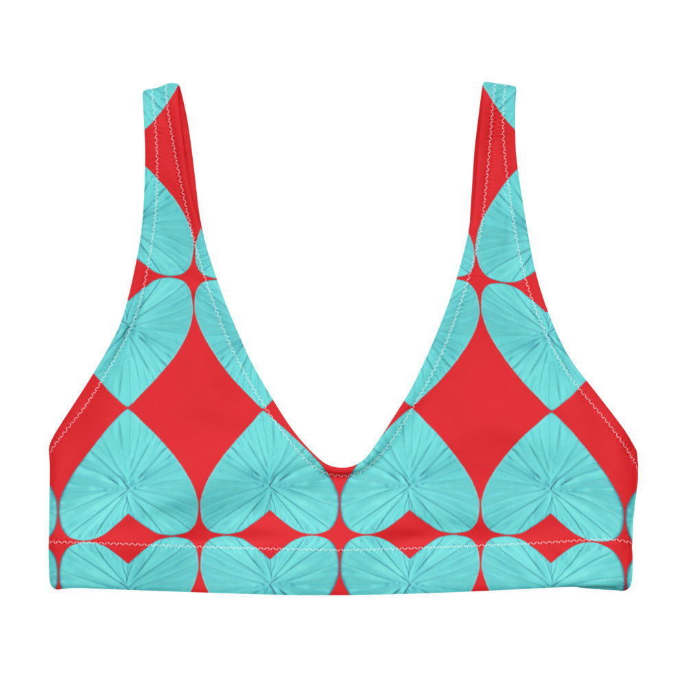 Harlequin Hearts Aqua and Red  Eco Bikini Top