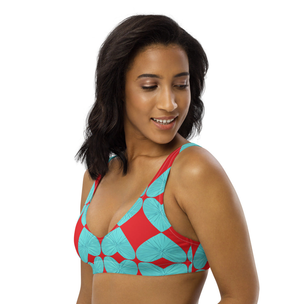 Harlequin Hearts Aqua and Red  Eco Bikini Top
