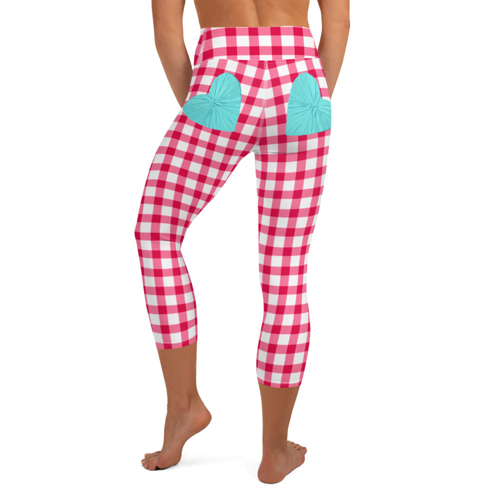 Gingham Pique-Nique High-Waisted  Capri Leggings in Red with Aqua Hearts