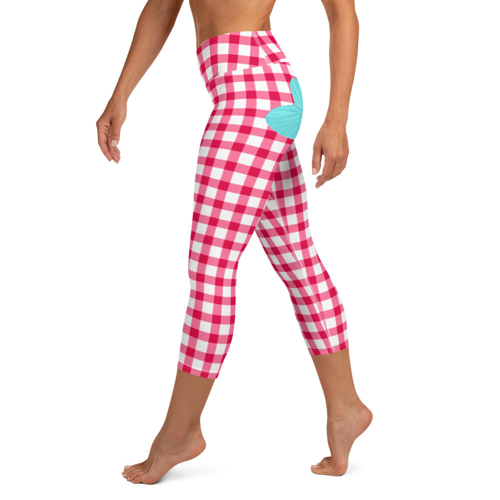 Gingham Pique-Nique High-Waisted  Capri Leggings in Red with Aqua Hearts
