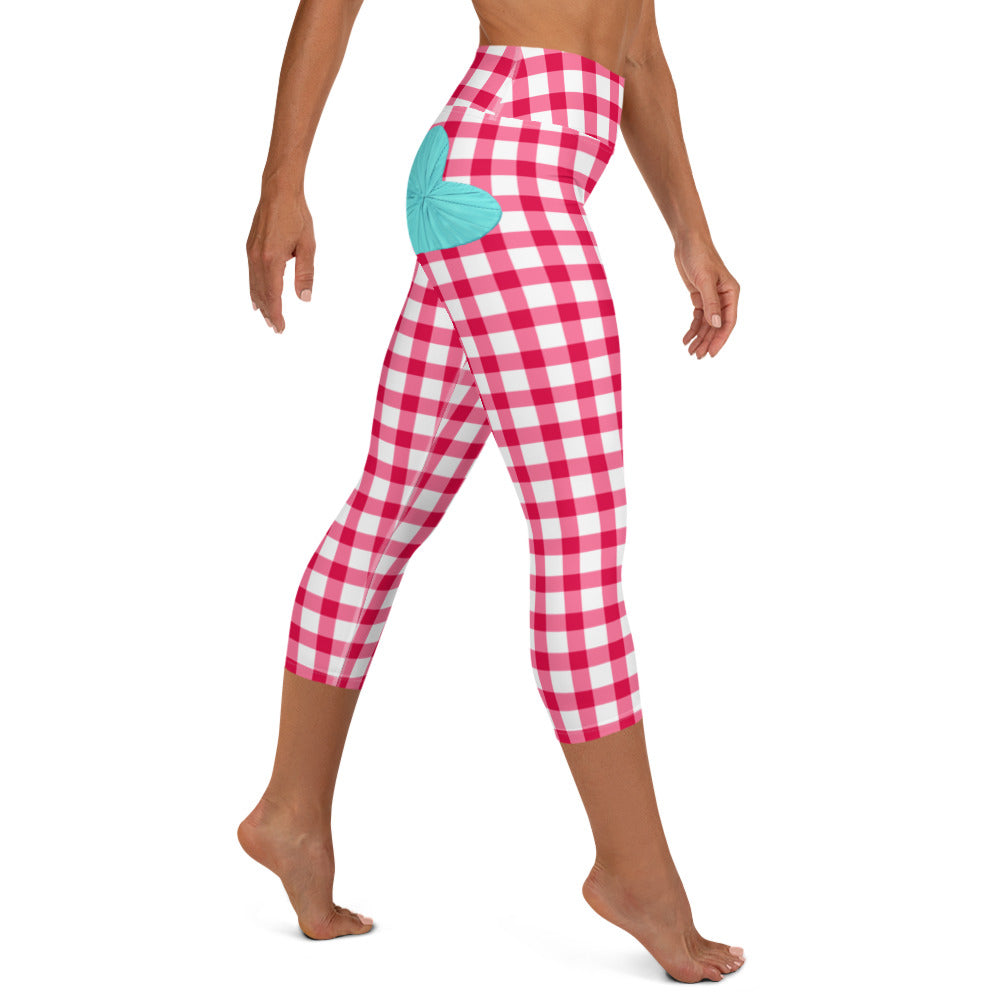 Gingham Pique-Nique High-Waisted  Capri Leggings in Red with Aqua Hearts