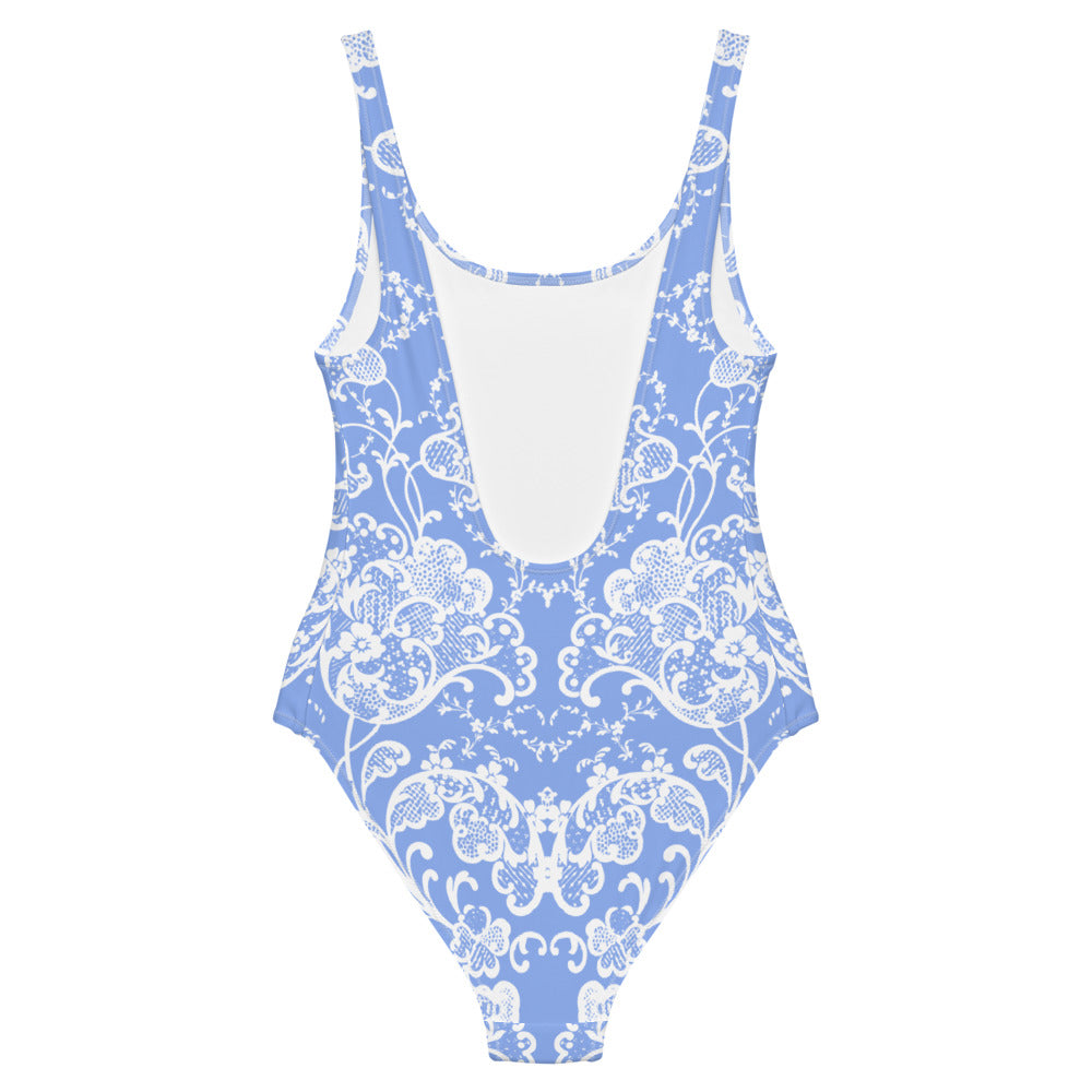 Antique Tulip Lace Print One-Piece Swimsuit in Porcelain Blue