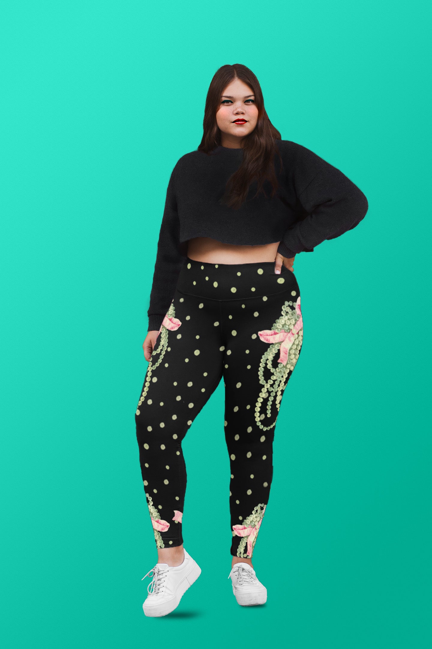 Vintage Pearl Statement Black Curve High Waisted  Leggings