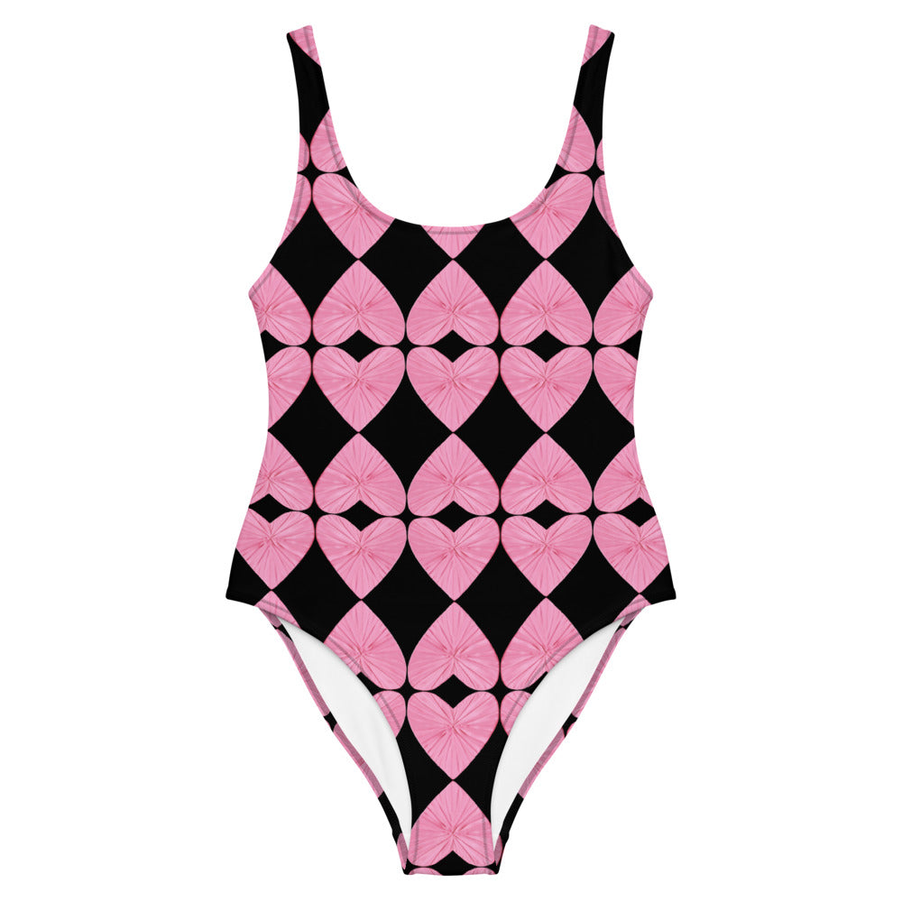 Harlequin Hearts Pink and Black One Piece Swimsuit