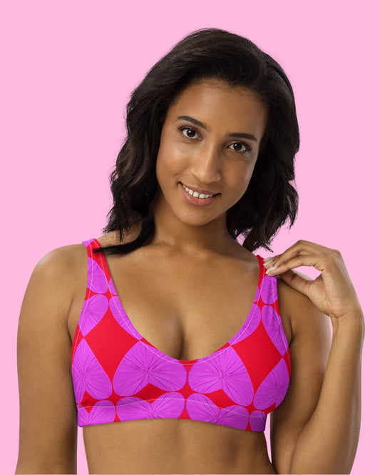 Harlequin Hearts Lilac and Red Eco Padded Bikini Top