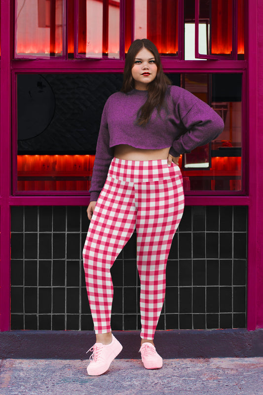 Gingham Pique-Nique Curve High Waisted Leggings in Red and White with Aqua Hearts