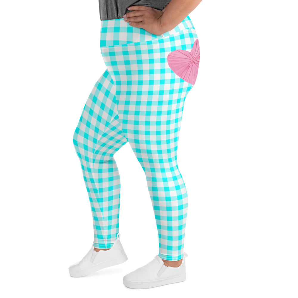 Gingham Bardot Curve High Waisted  Leggings in Aqua and White with Pink Hearts