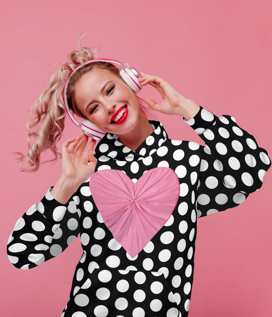 Recycled Nylon Les Polka Dots Black Hoodie With Pink Heart