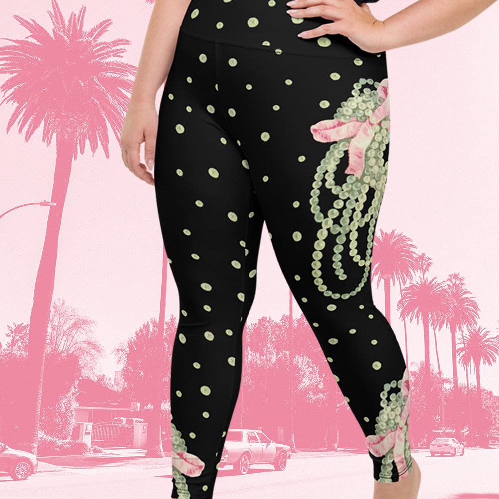 Vintage Pearl Statement Black Curve High Waisted  Leggings