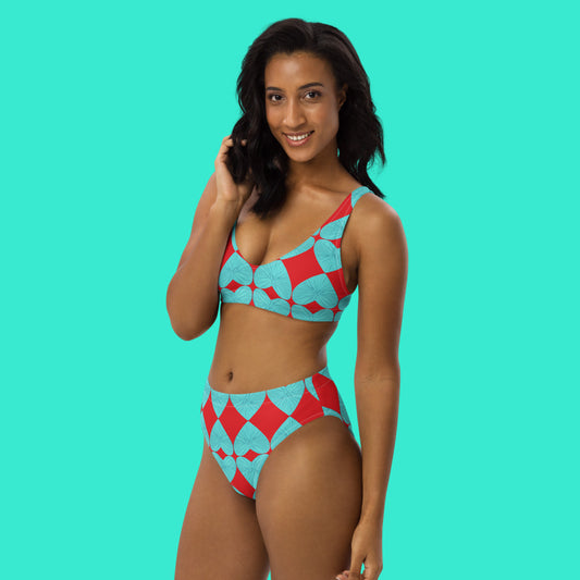 Harlequin Hearts Aqua and Red High Waisted Eco Bikini