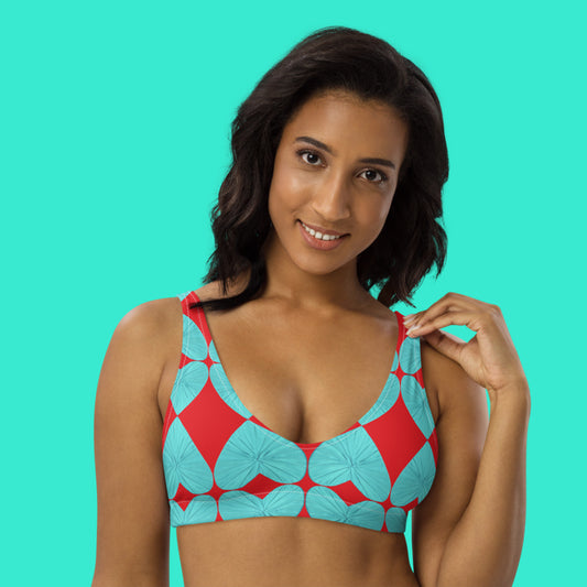 Harlequin Hearts Aqua and Red Eco Bikini Top