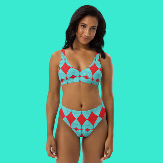 Harlequin Hearts Aqua and Red High Waisted Eco Bikini